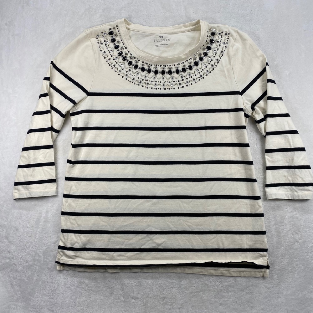 Talbots Embellished Top Striped 3/4 Sleeve Cotton Blend Tee Shirt‎ Large
